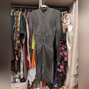 Gray Patterned Long-Sleeve Turtleneck Dress